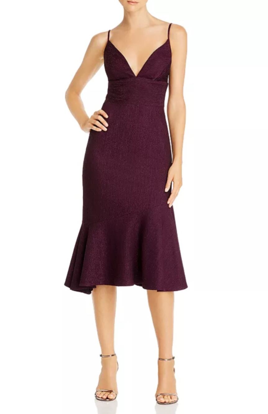 Avery G Purple Cocktail Dress Metallic Ruffled Sleeveless Midi Sheath Size 14